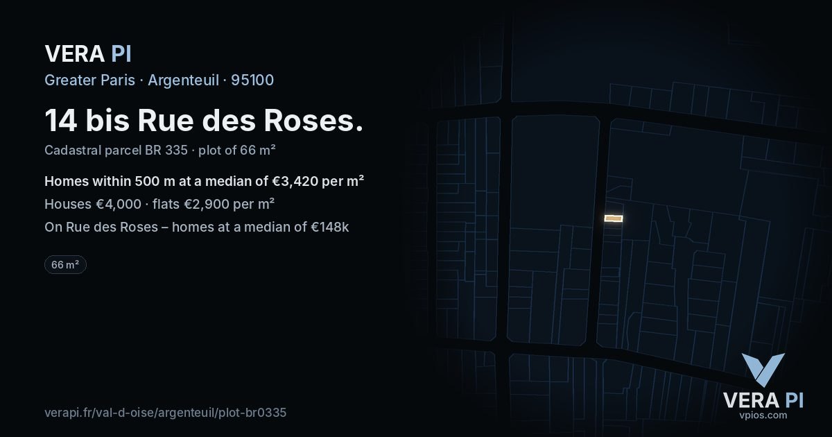 14 bis Rue des Roses, Argenteuil at night – the plot lit, the parcels around coloured by the prices near them