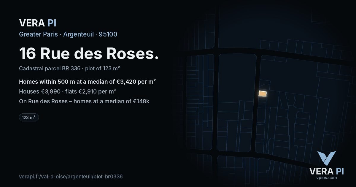 16 Rue des Roses, Argenteuil at night – the plot lit, the parcels around coloured by the prices near them