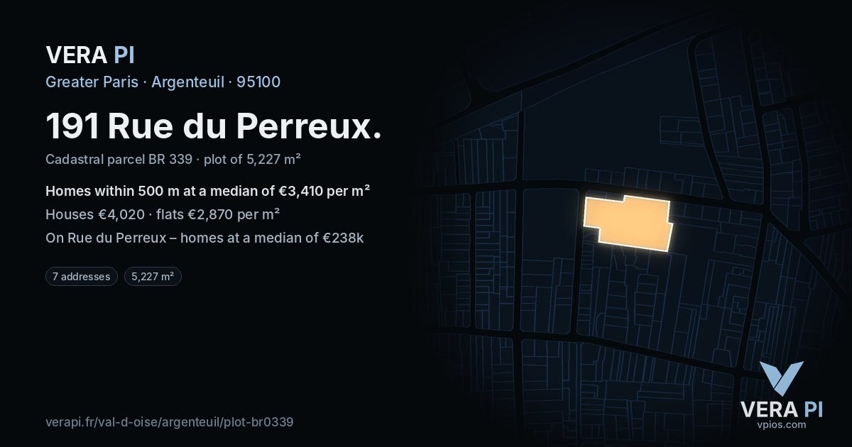 191 Rue du Perreux, Argenteuil at night – the plot lit, the parcels around coloured by the prices near them