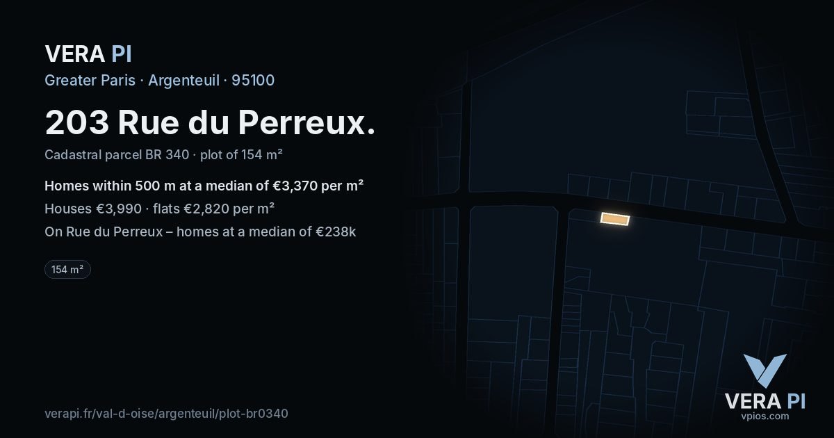 203 Rue du Perreux, Argenteuil at night – the plot lit, the parcels around coloured by the prices near them