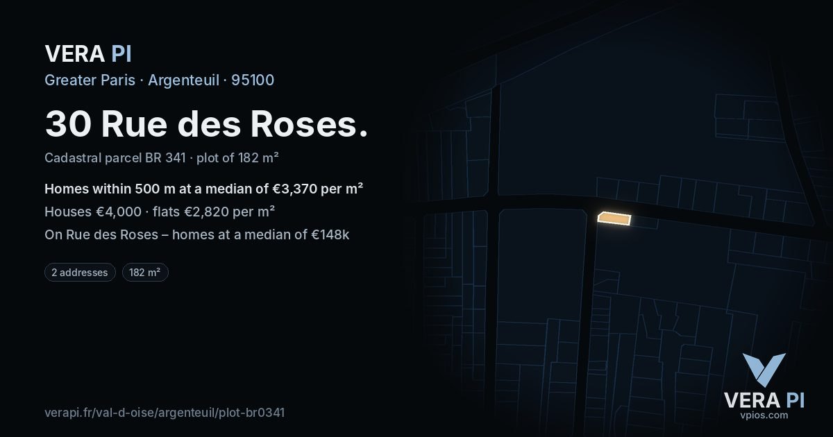 30 Rue des Roses, Argenteuil at night – the plot lit, the parcels around coloured by the prices near them