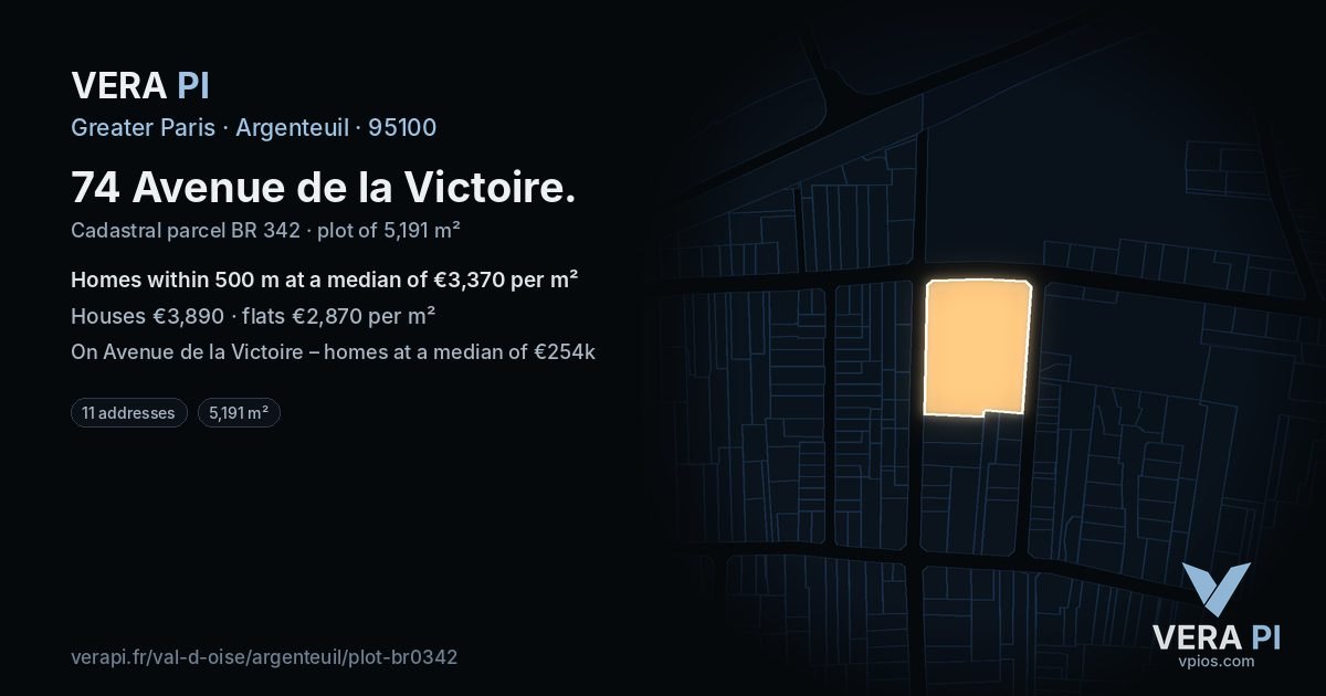 74 Avenue de la Victoire, Argenteuil at night – the plot lit, the parcels around coloured by the prices near them