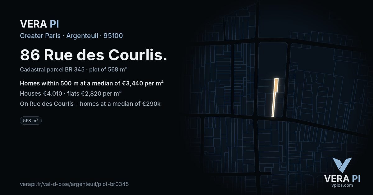 86 Rue des Courlis, Argenteuil at night – the plot lit, the parcels around coloured by the prices near them