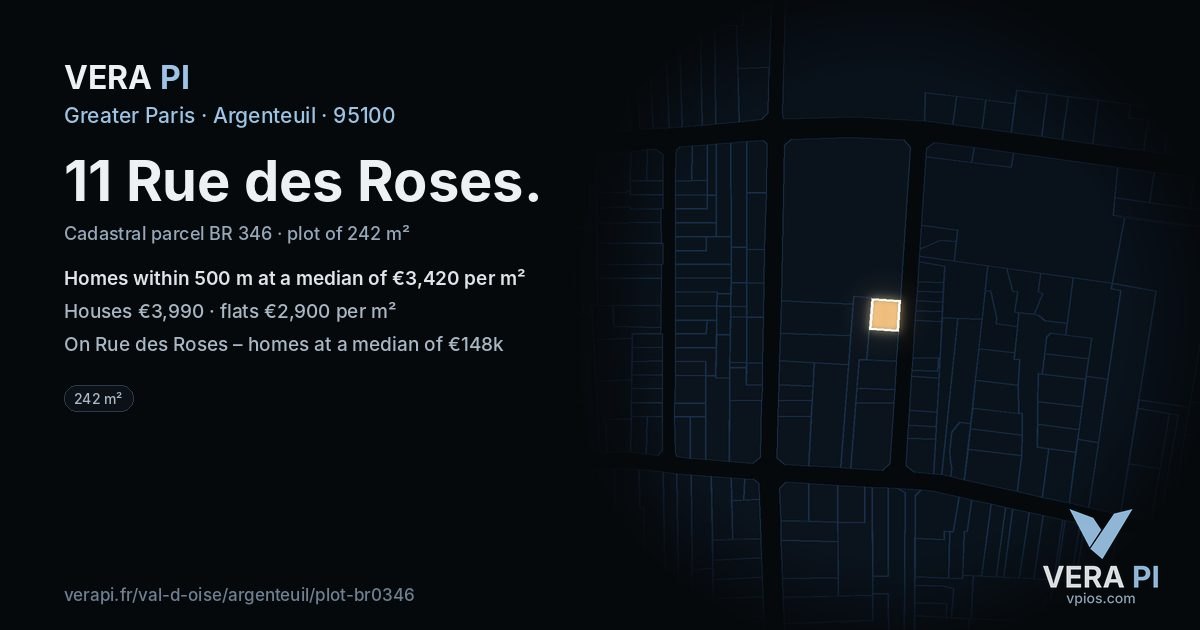 11 Rue des Roses, Argenteuil at night – the plot lit, the parcels around coloured by the prices near them