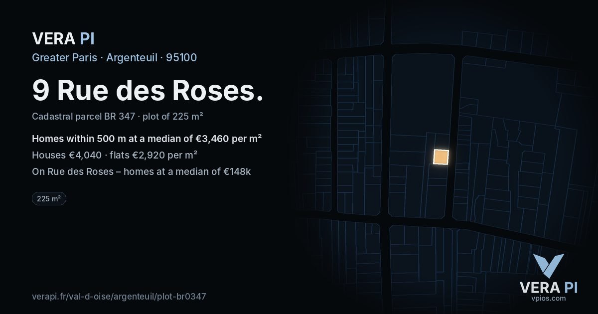9 Rue des Roses, Argenteuil at night – the plot lit, the parcels around coloured by the prices near them
