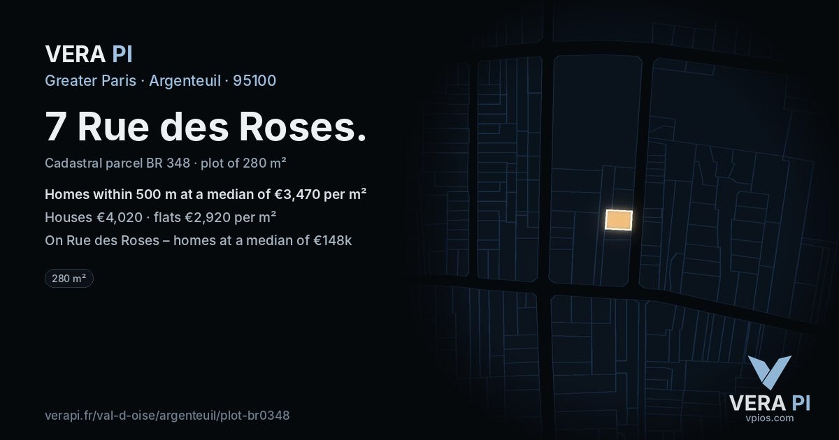 7 Rue des Roses, Argenteuil at night – the plot lit, the parcels around coloured by the prices near them