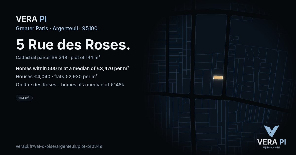 5 Rue des Roses, Argenteuil at night – the plot lit, the parcels around coloured by the prices near them