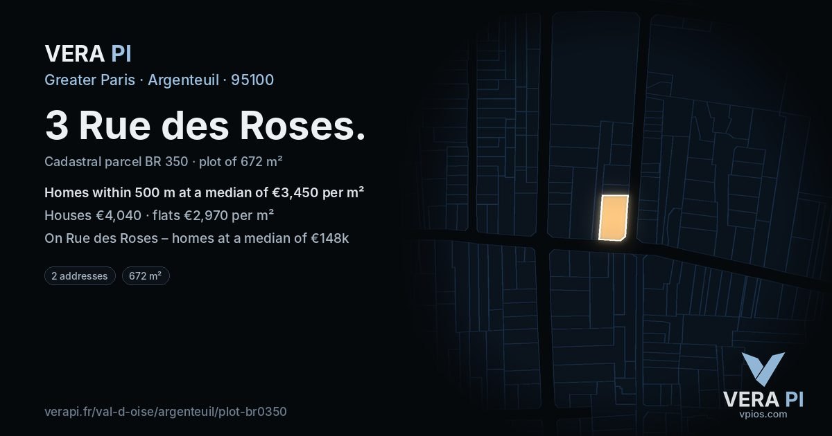 3 Rue des Roses, Argenteuil at night – the plot lit, the parcels around coloured by the prices near them
