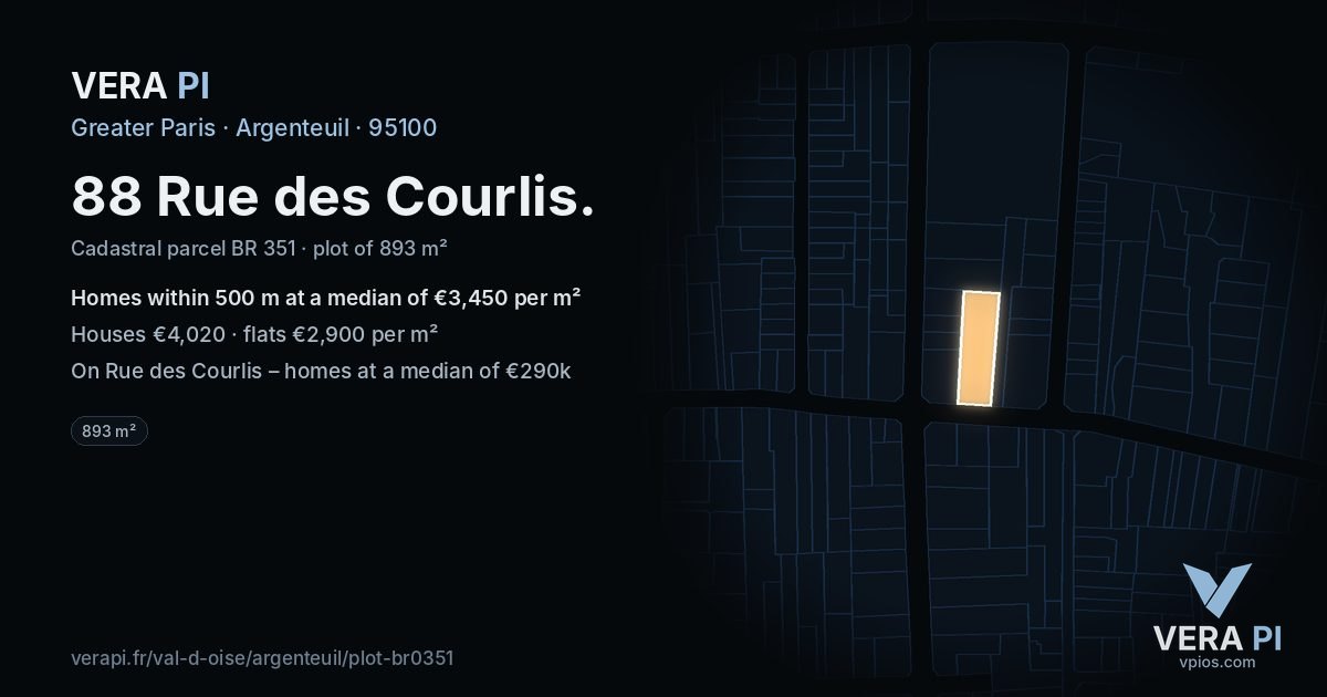88 Rue des Courlis, Argenteuil at night – the plot lit, the parcels around coloured by the prices near them