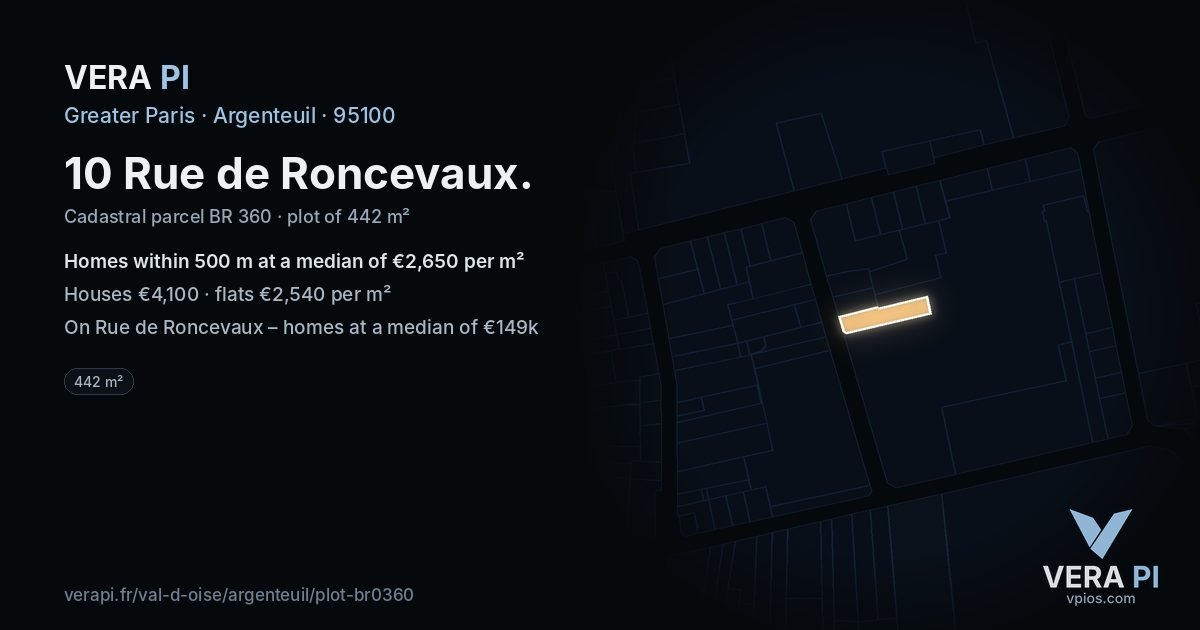 10 Rue de Roncevaux, Argenteuil at night – the plot lit, the parcels around coloured by the prices near them