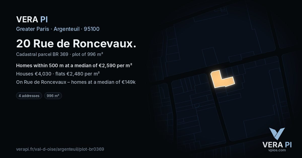 20 Rue de Roncevaux, Argenteuil at night – the plot lit, the parcels around coloured by the prices near them