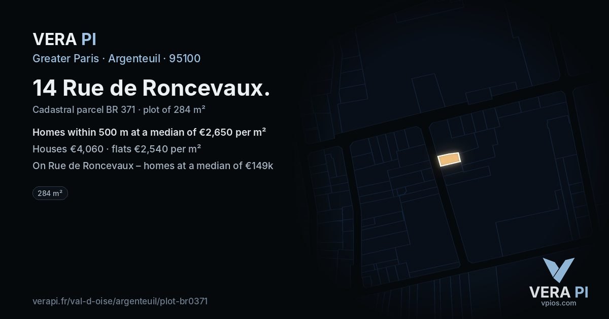 14 Rue de Roncevaux, Argenteuil at night – the plot lit, the parcels around coloured by the prices near them