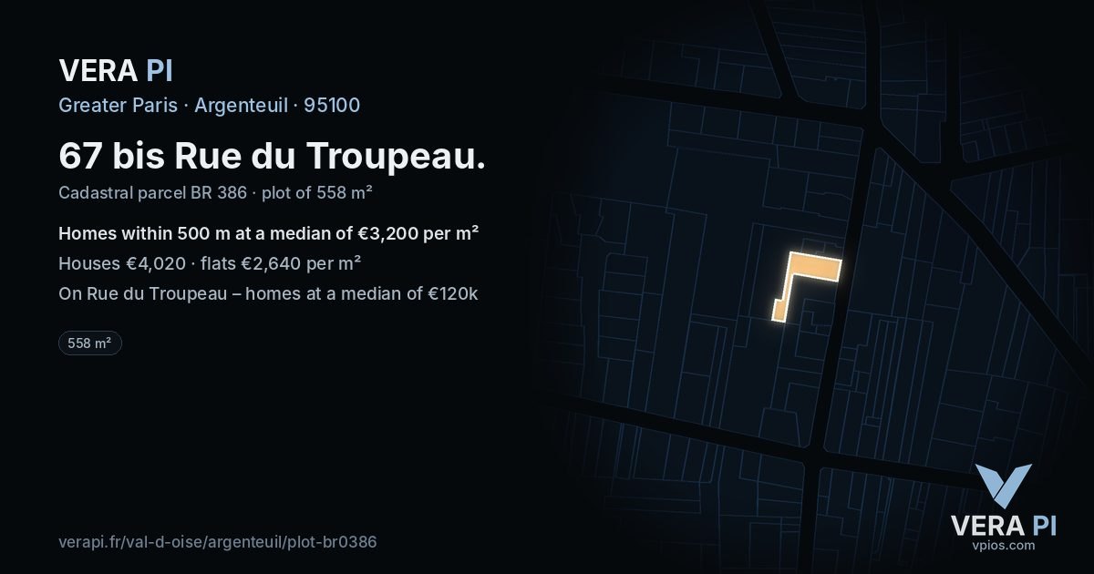 67 bis Rue du Troupeau, Argenteuil at night – the plot lit, the parcels around coloured by the prices near them