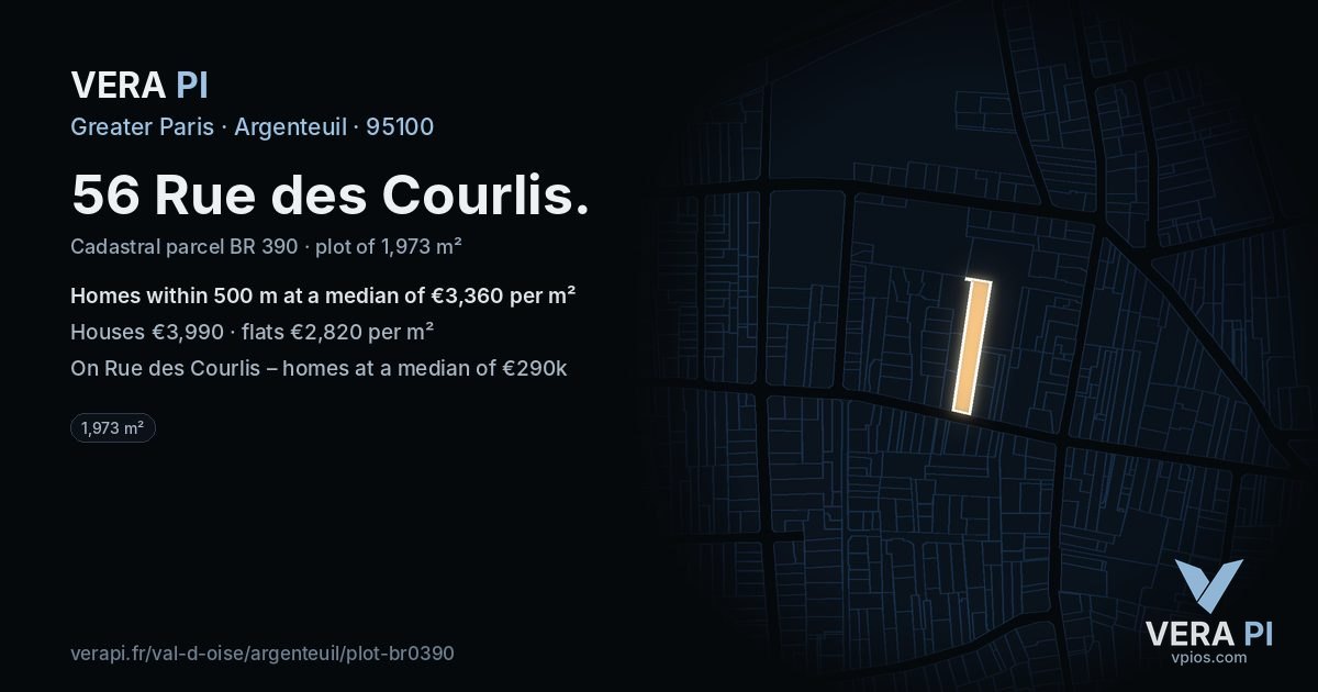 56 Rue des Courlis, Argenteuil at night – the plot lit, the parcels around coloured by the prices near them