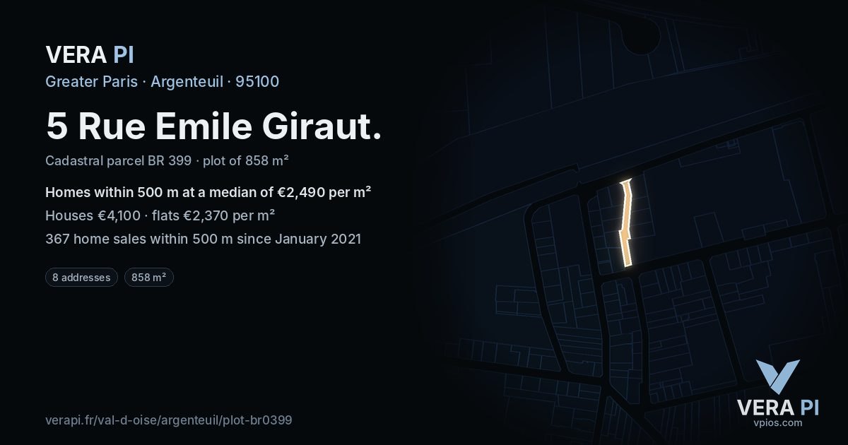 5 Rue Emile Giraut, Argenteuil at night – the plot lit, the parcels around coloured by the prices near them