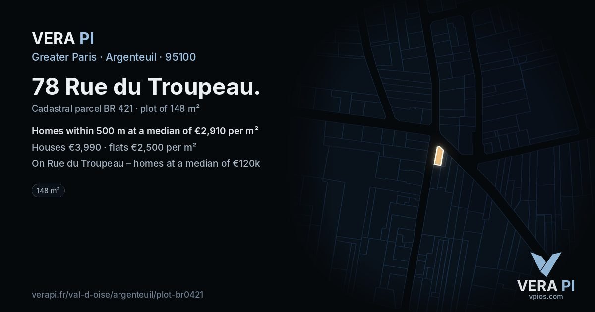 78 Rue du Troupeau, Argenteuil at night – the plot lit, the parcels around coloured by the prices near them
