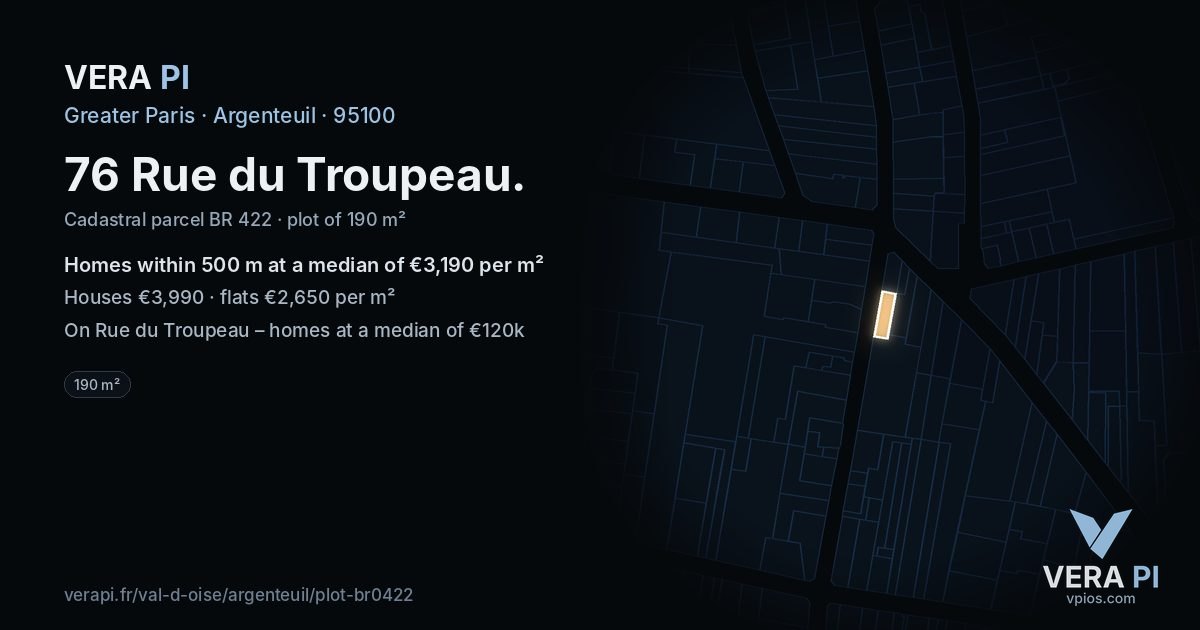 76 Rue du Troupeau, Argenteuil at night – the plot lit, the parcels around coloured by the prices near them