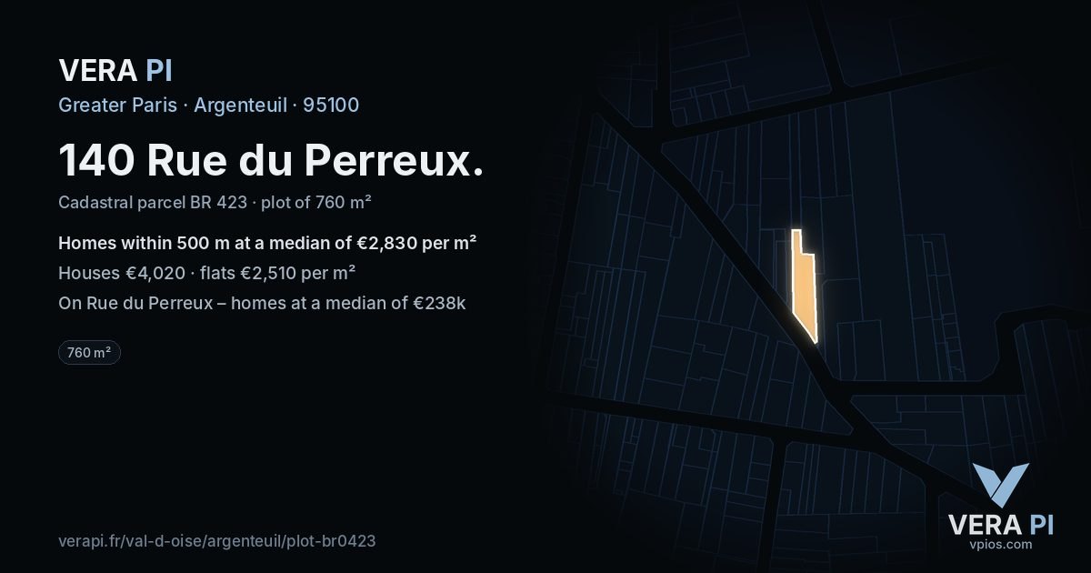 140 Rue du Perreux, Argenteuil at night – the plot lit, the parcels around coloured by the prices near them