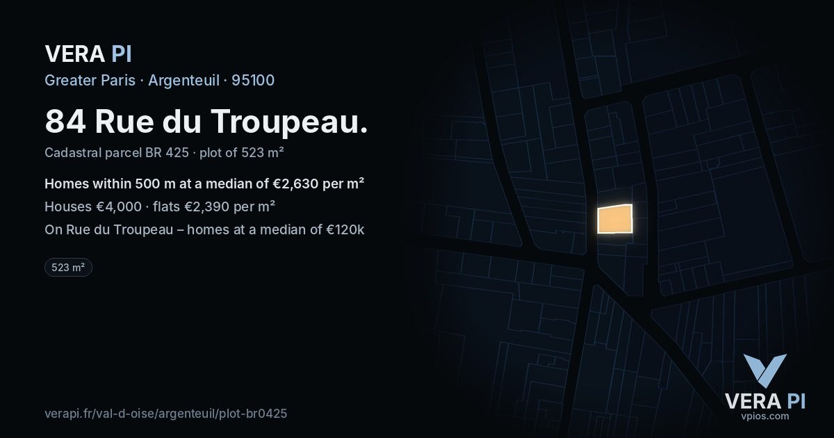 84 Rue du Troupeau, Argenteuil at night – the plot lit, the parcels around coloured by the prices near them