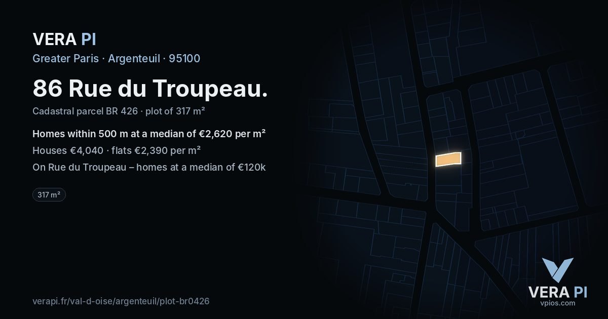 86 Rue du Troupeau, Argenteuil at night – the plot lit, the parcels around coloured by the prices near them
