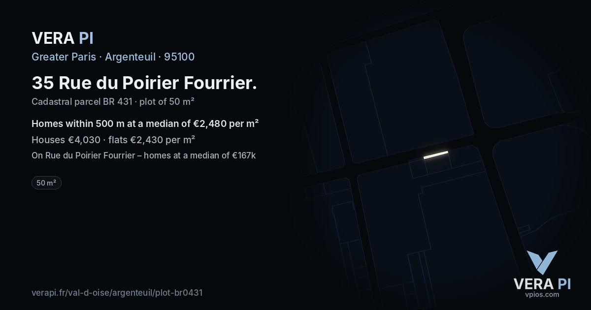 35 Rue du Poirier Fourrier, Argenteuil at night – the plot lit, the parcels around coloured by the prices near them