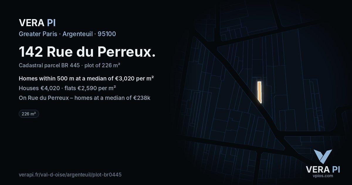 142 Rue du Perreux, Argenteuil at night – the plot lit, the parcels around coloured by the prices near them