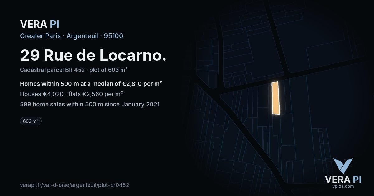 29 Rue de Locarno, Argenteuil at night – the plot lit, the parcels around coloured by the prices near them