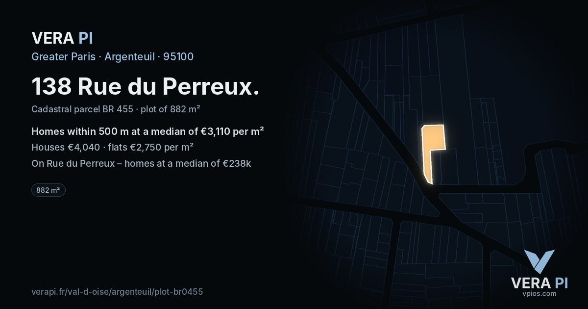 138 Rue du Perreux, Argenteuil at night – the plot lit, the parcels around coloured by the prices near them