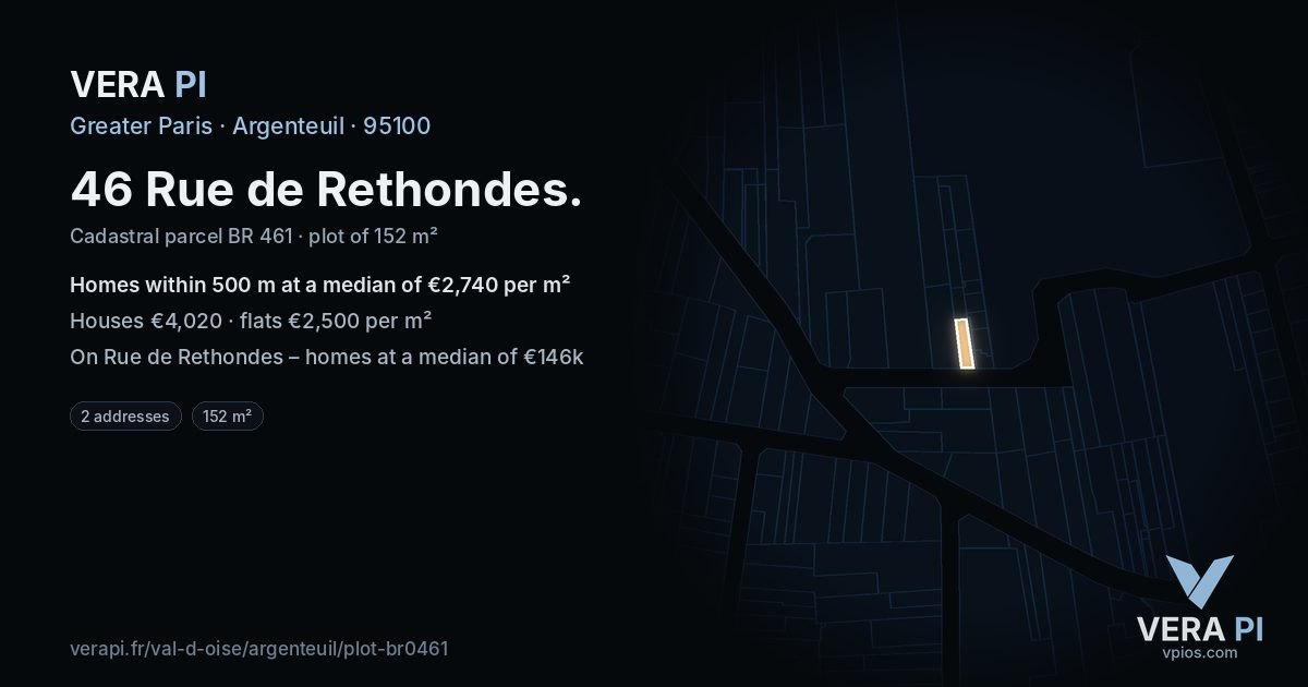 46 Rue de Rethondes, Argenteuil at night – the plot lit, the parcels around coloured by the prices near them
