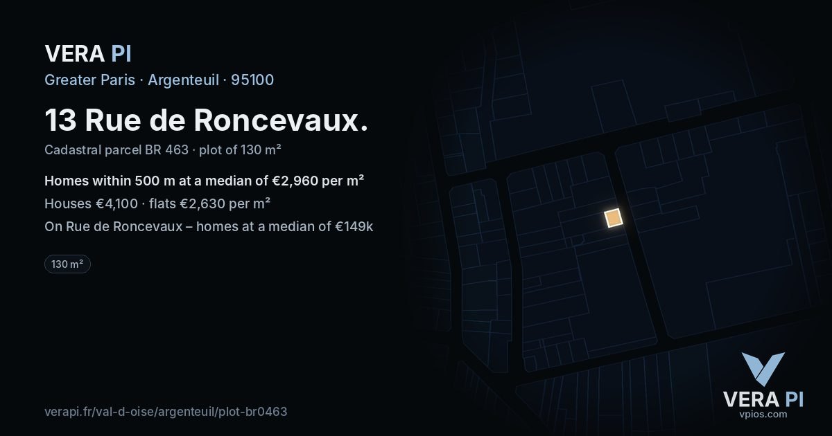 13 Rue de Roncevaux, Argenteuil at night – the plot lit, the parcels around coloured by the prices near them