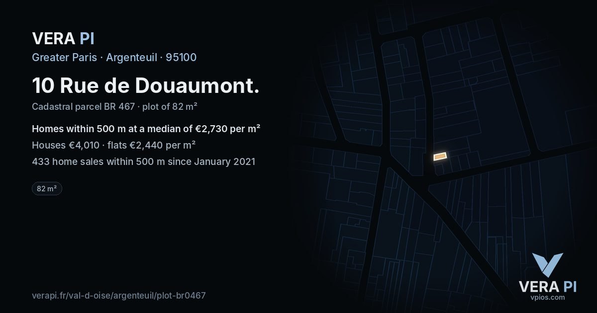 10 Rue de Douaumont, Argenteuil at night – the plot lit, the parcels around coloured by the prices near them