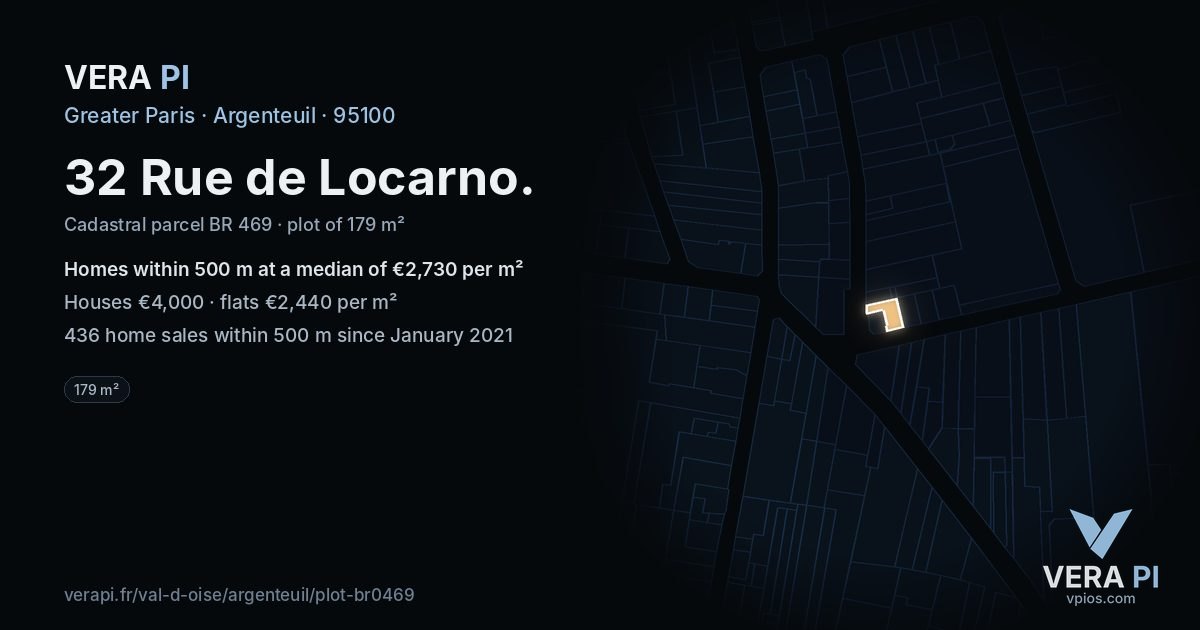 32 Rue de Locarno, Argenteuil at night – the plot lit, the parcels around coloured by the prices near them