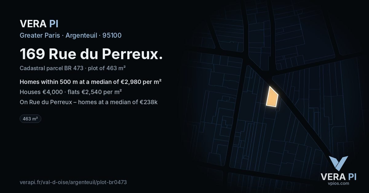 169 Rue du Perreux, Argenteuil at night – the plot lit, the parcels around coloured by the prices near them
