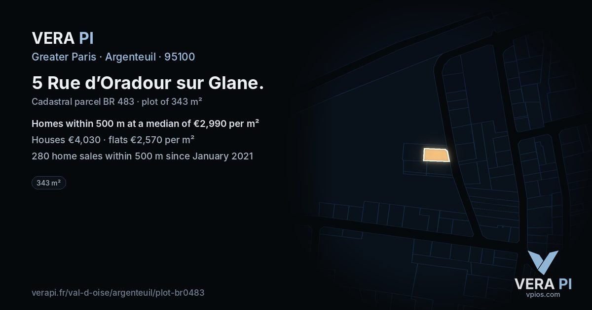 5 Rue d’Oradour sur Glane, Argenteuil at night – the plot lit, the parcels around coloured by the prices near them
