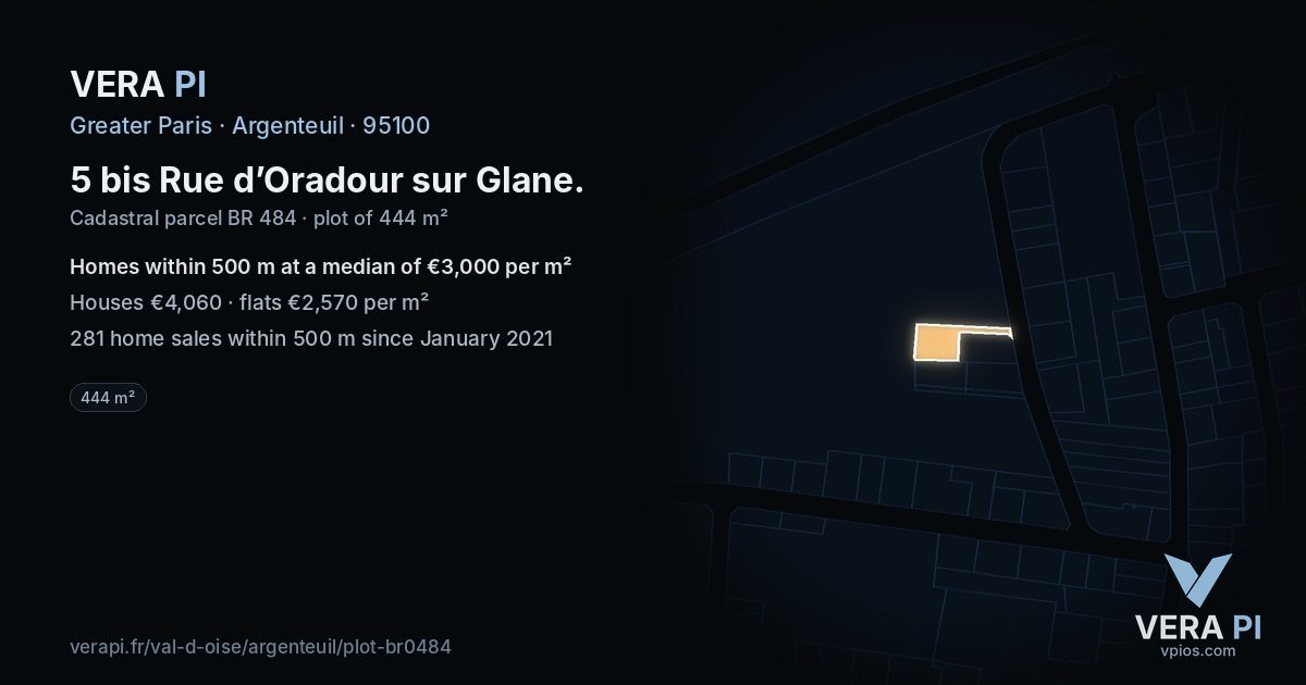 5 bis Rue d’Oradour sur Glane, Argenteuil at night – the plot lit, the parcels around coloured by the prices near them