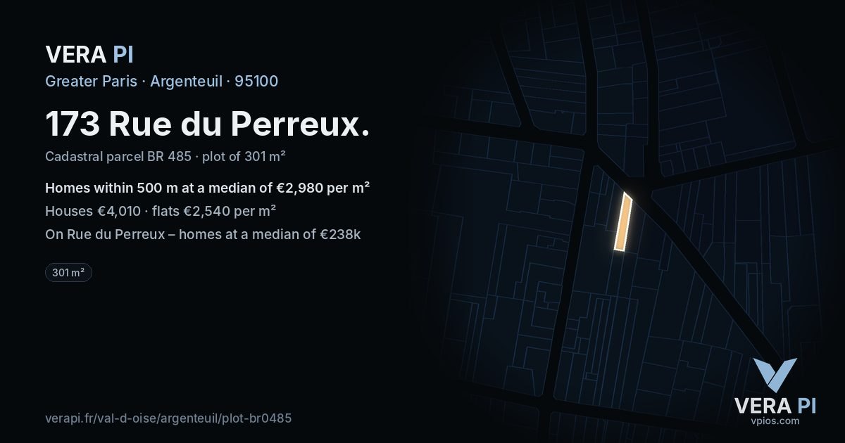 173 Rue du Perreux, Argenteuil at night – the plot lit, the parcels around coloured by the prices near them
