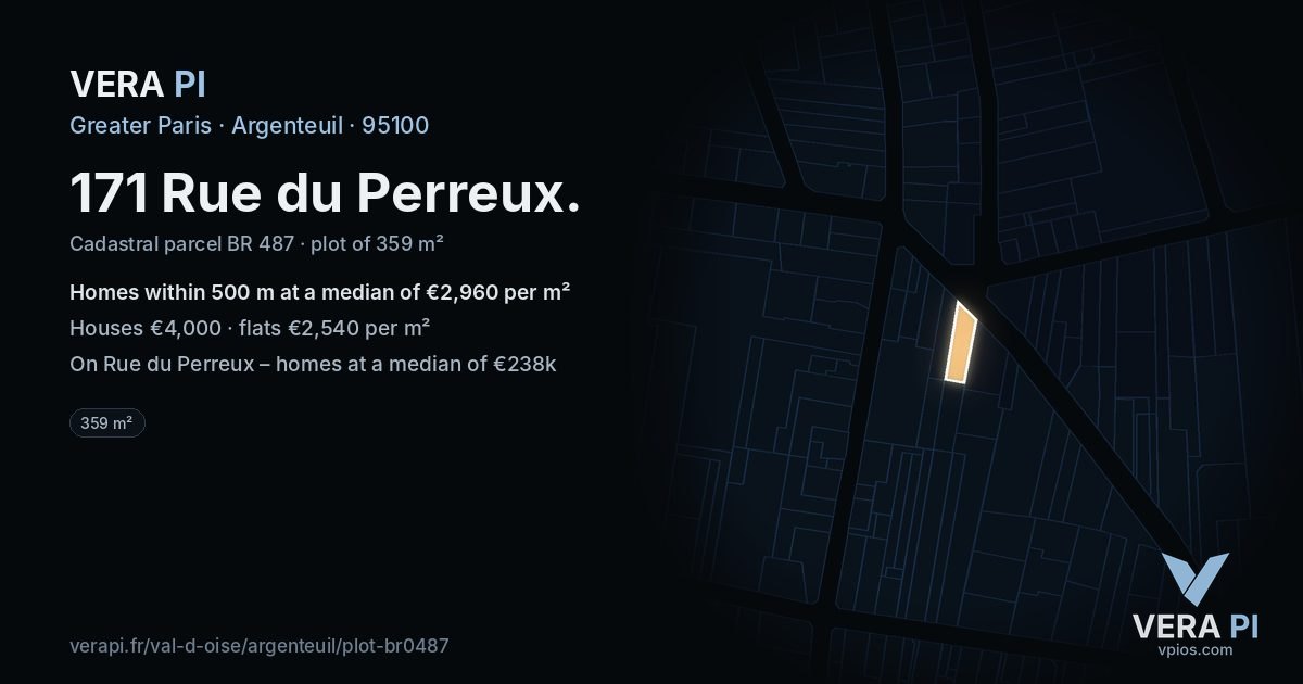 171 Rue du Perreux, Argenteuil at night – the plot lit, the parcels around coloured by the prices near them