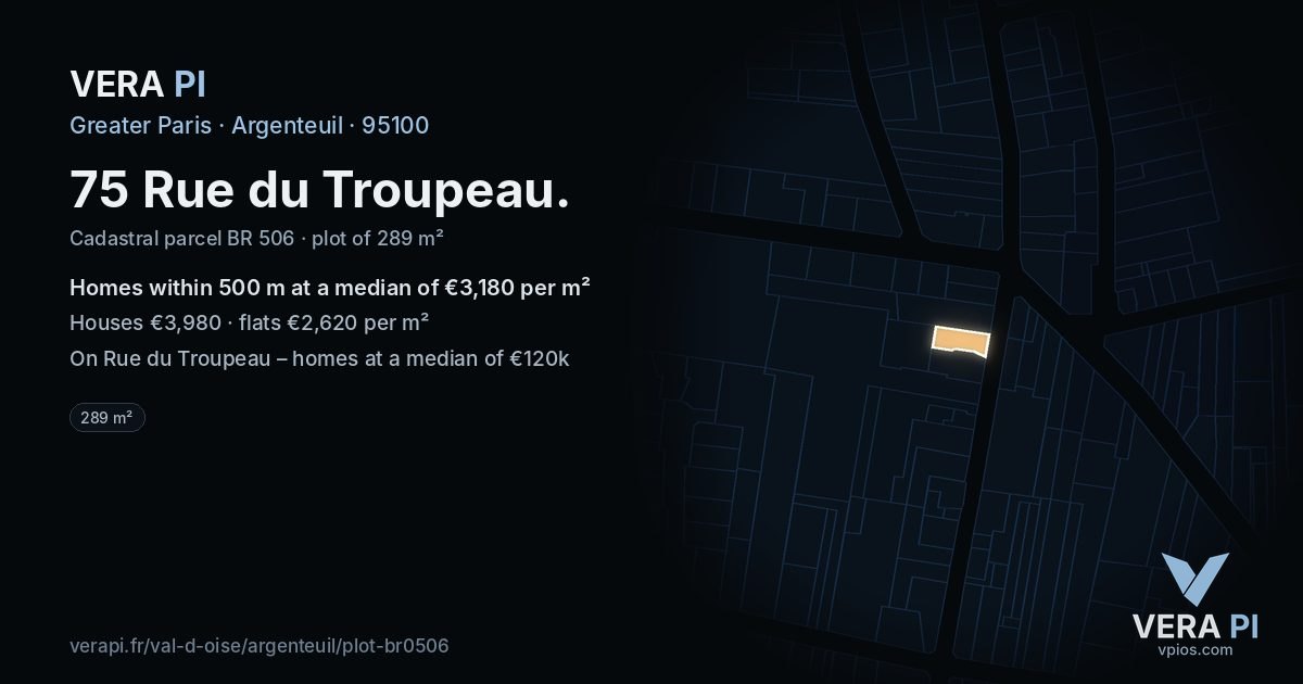 75 Rue du Troupeau, Argenteuil at night – the plot lit, the parcels around coloured by the prices near them
