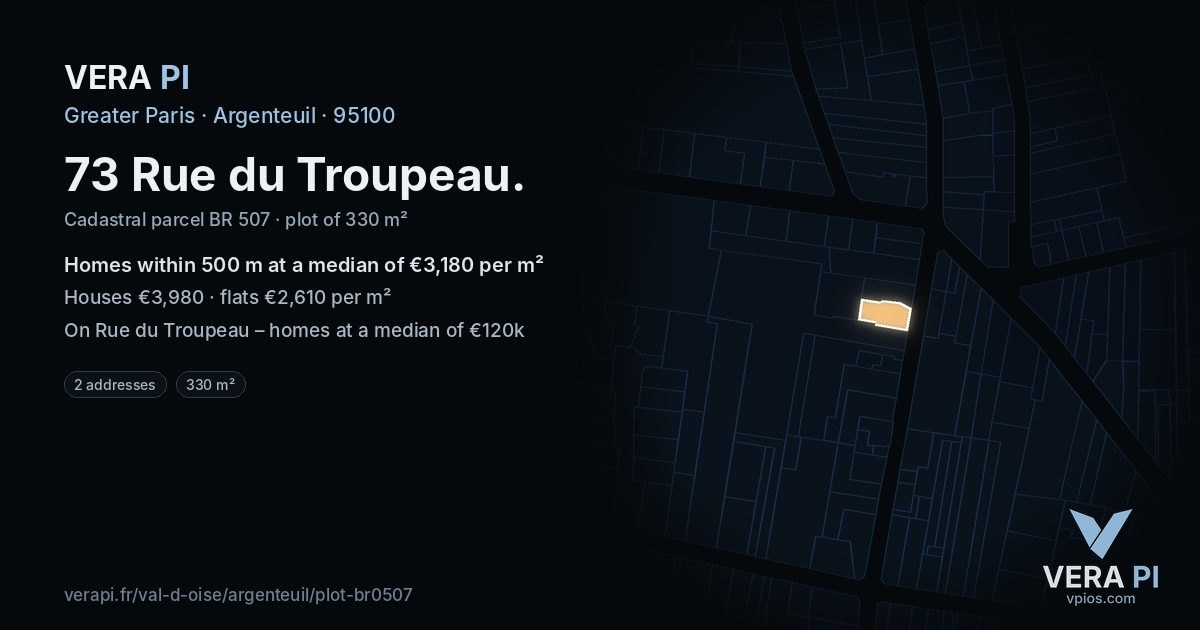 73 Rue du Troupeau, Argenteuil at night – the plot lit, the parcels around coloured by the prices near them