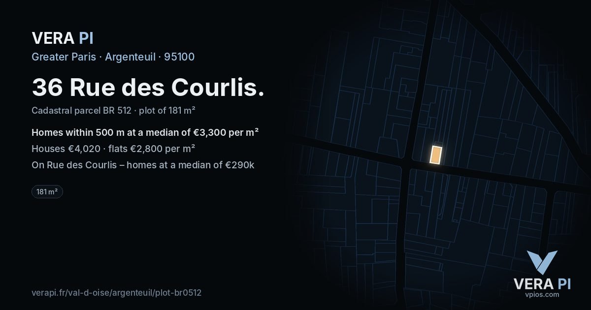 36 Rue des Courlis, Argenteuil at night – the plot lit, the parcels around coloured by the prices near them