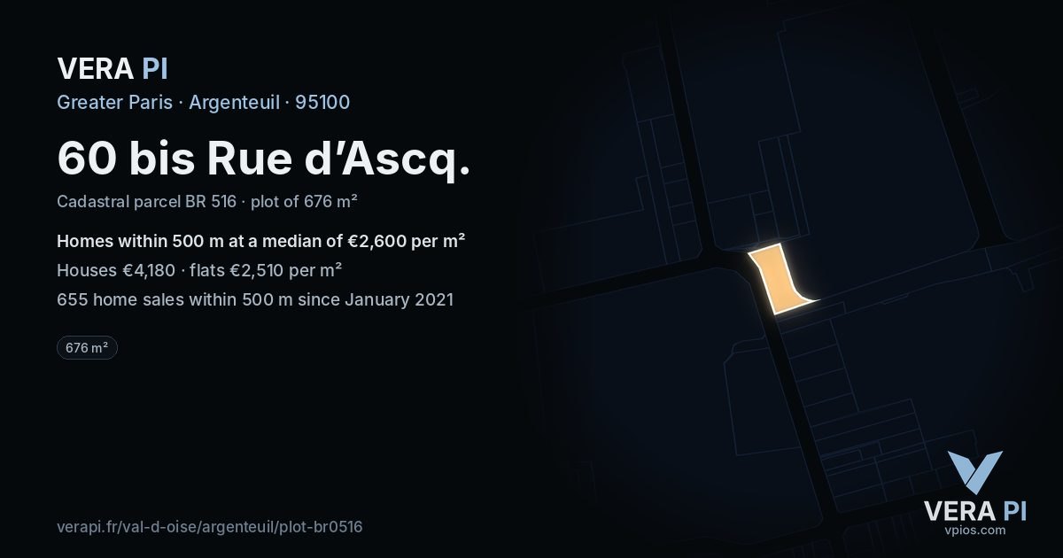 60 bis Rue d’Ascq, Argenteuil at night – the plot lit, the parcels around coloured by the prices near them