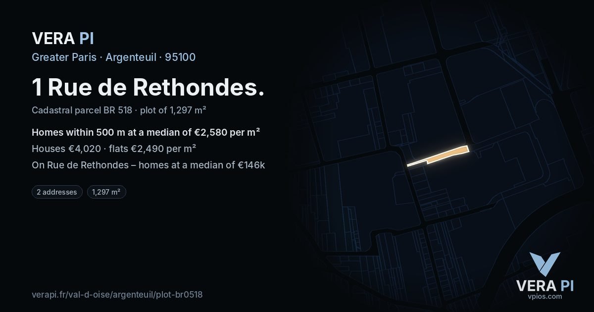 1 Rue de Rethondes, Argenteuil at night – the plot lit, the parcels around coloured by the prices near them