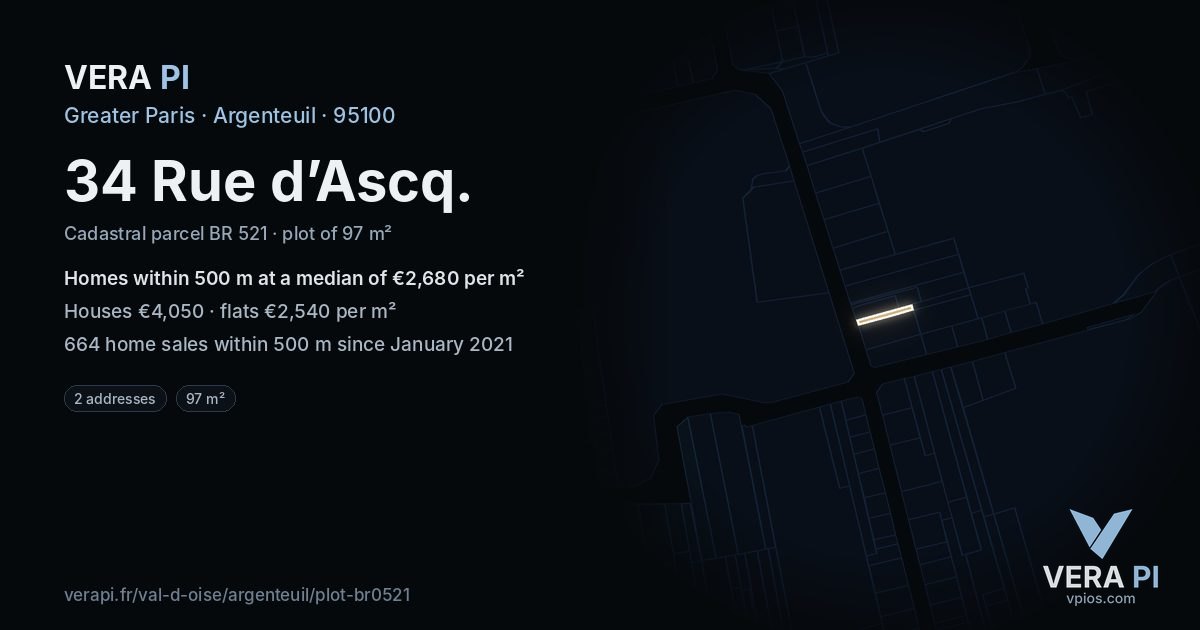 34 Rue d’Ascq, Argenteuil at night – the plot lit, the parcels around coloured by the prices near them