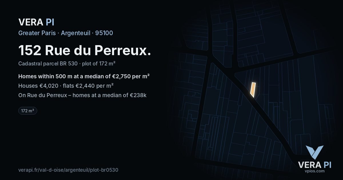 152 Rue du Perreux, Argenteuil at night – the plot lit, the parcels around coloured by the prices near them
