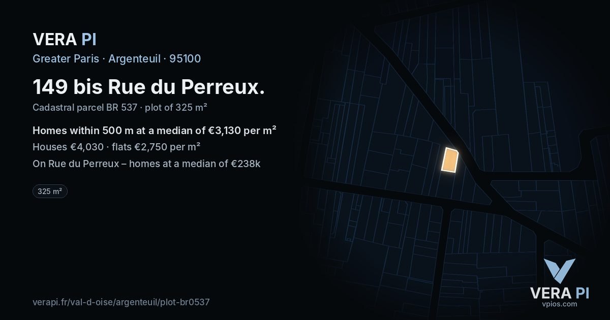 149 bis Rue du Perreux, Argenteuil at night – the plot lit, the parcels around coloured by the prices near them