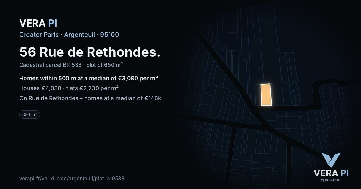 56 Rue de Rethondes, Argenteuil at night – the plot lit, the parcels around coloured by the prices near them