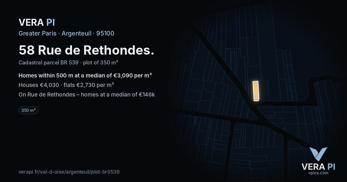 58 Rue de Rethondes, Argenteuil at night – the plot lit, the parcels around coloured by the prices near them