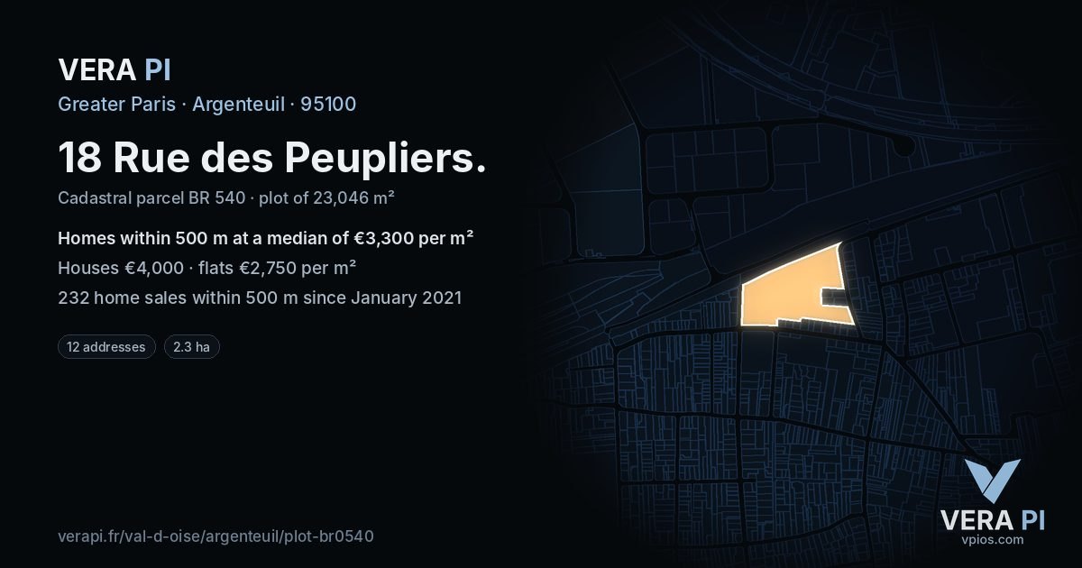 18 Rue des Peupliers, Argenteuil at night – the plot lit, the parcels around coloured by the prices near them