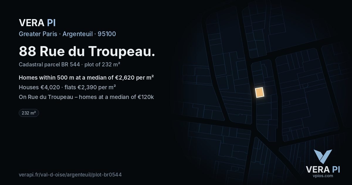 88 Rue du Troupeau, Argenteuil at night – the plot lit, the parcels around coloured by the prices near them