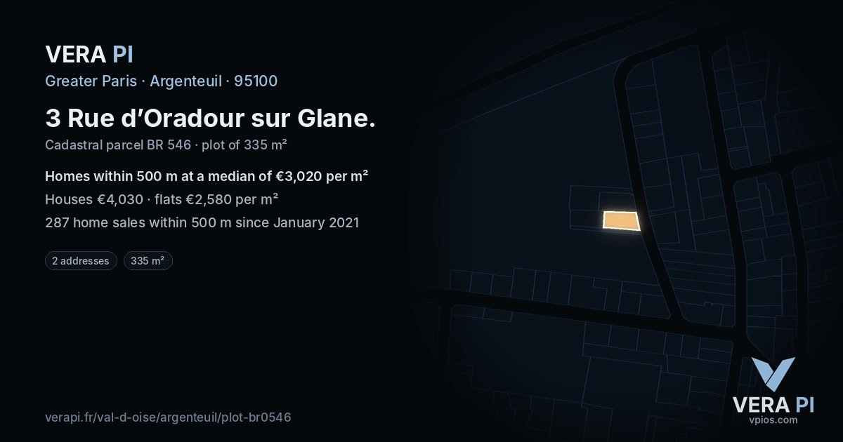 3 Rue d’Oradour sur Glane, Argenteuil at night – the plot lit, the parcels around coloured by the prices near them
